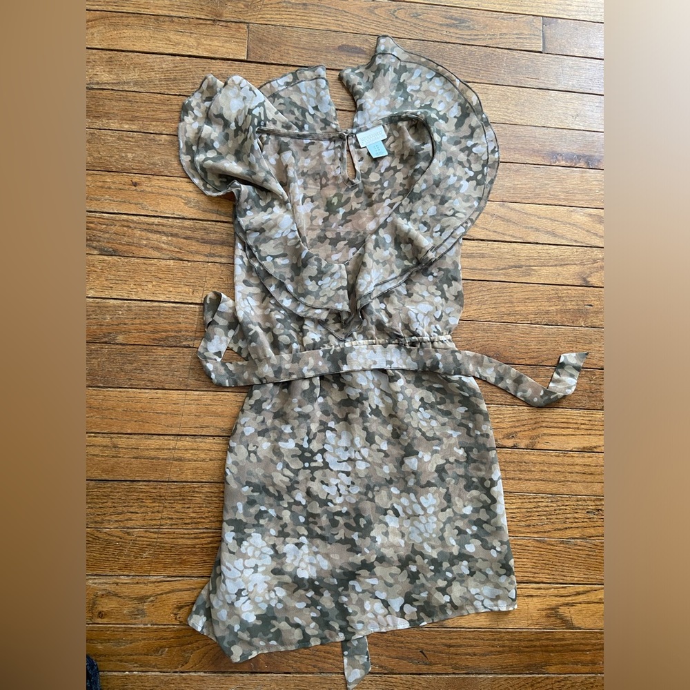 MOTHERHOOD MATERNITY: camo print blouse. Ruffled neck, short sleeve, sheer.